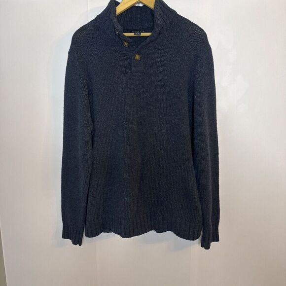 Lands'‎ End Wool Blend Sweater Mens XL Button Mock Neck Blue Old Money Preppy - Picture 1 of 7